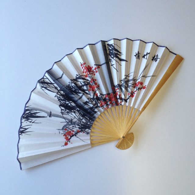 FAN, Asian Style - White w Black Red Japanese Design 90cm 